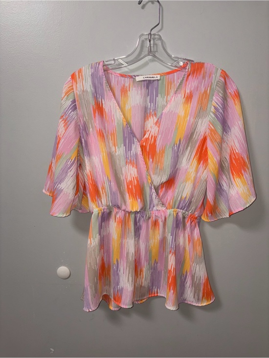 Carmela Tops - Caramela Multicolor Pastel Abstract V Neck Peplum Top Flutter Sleeves Boho S